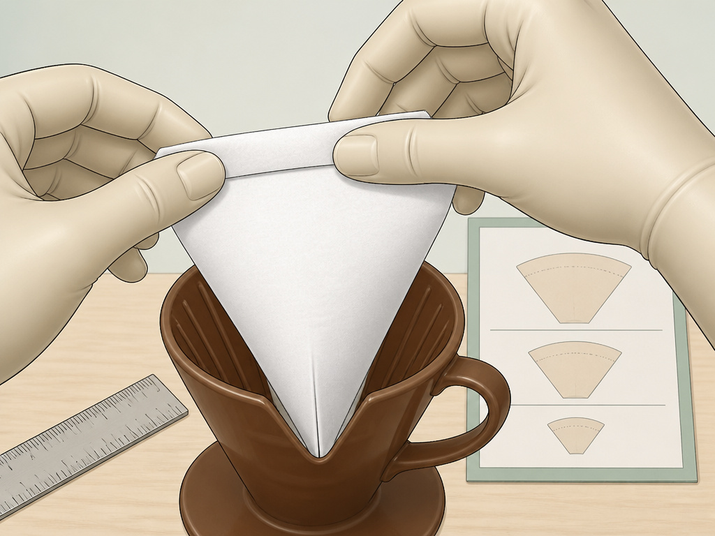 Cartoon diagram showing how to fold a too-large coffee filter to fit a smaller dripper.
