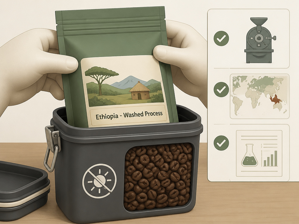 Cartoon diagram showing proper storage of dry-processed coffee beans in an airtight container.