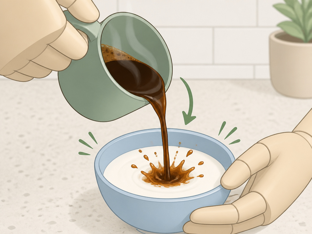 Tempering heavy whipping cream with a splash of hot coffee to prevent curdling.