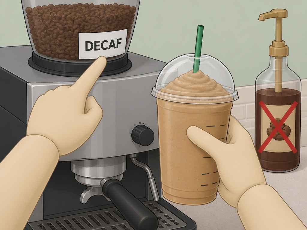 Barista pointing to decaf espresso hopper for a coffee frappe order.