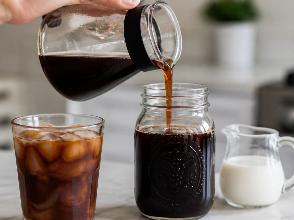 Storing cold drip coffee concentrate in a mason jar and preparing a serving over ice.