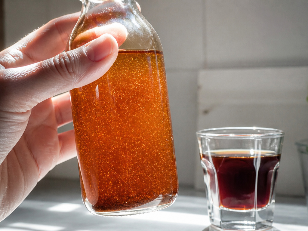 Cloudy spoiled cold brew coffee compared to fresh in clear glass bottle