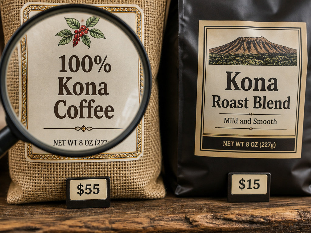 Comparing authentic 100% Kona coffee label to a misleading blend.