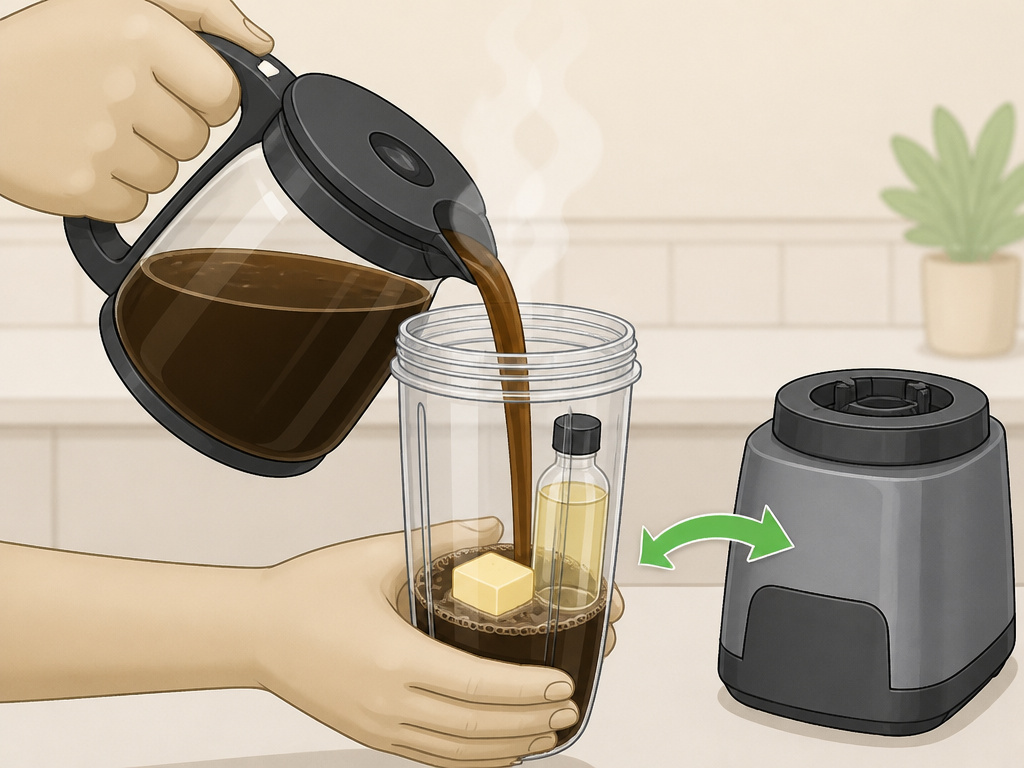 Cartoon instruction for blending butter and MCT oil into hot coffee.