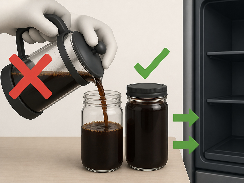 Properly storing cold brew coffee in an airtight jar in the fridge for freshness.