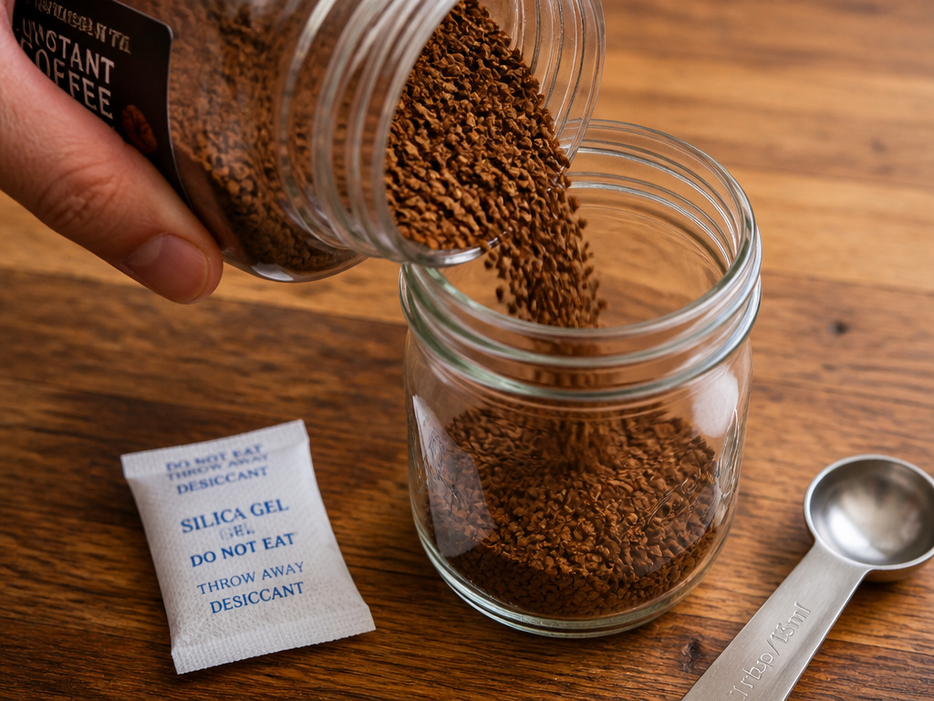 Properly storing instant coffee in an airtight glass jar with desiccant packet.