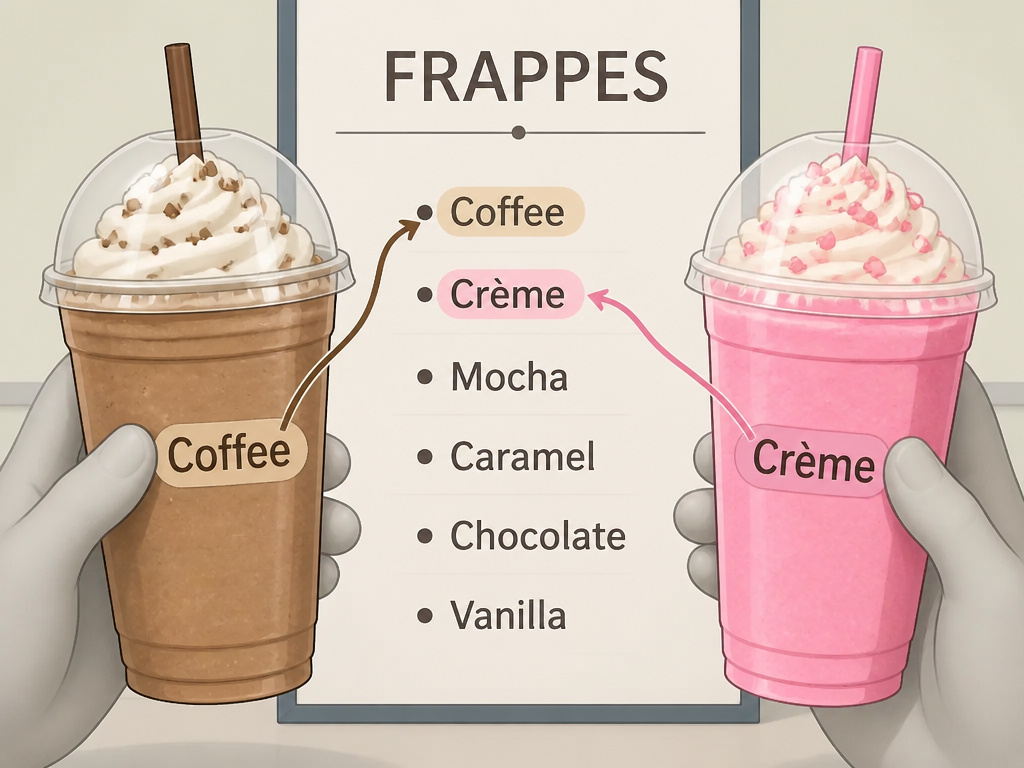 Side-by-side comparison of a coffee frappe and a crème frappe with menu keywords highlighted.