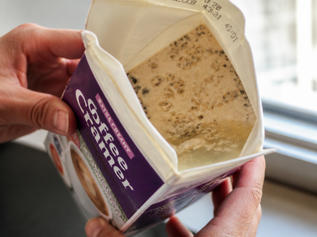 Close-up inspection of spoiled coffee creamer showing mold and separation.