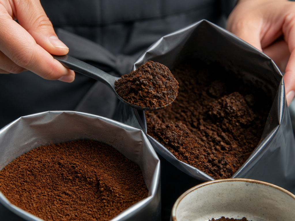 Close-up comparing clumped stale coffee grounds to fresh loose grounds