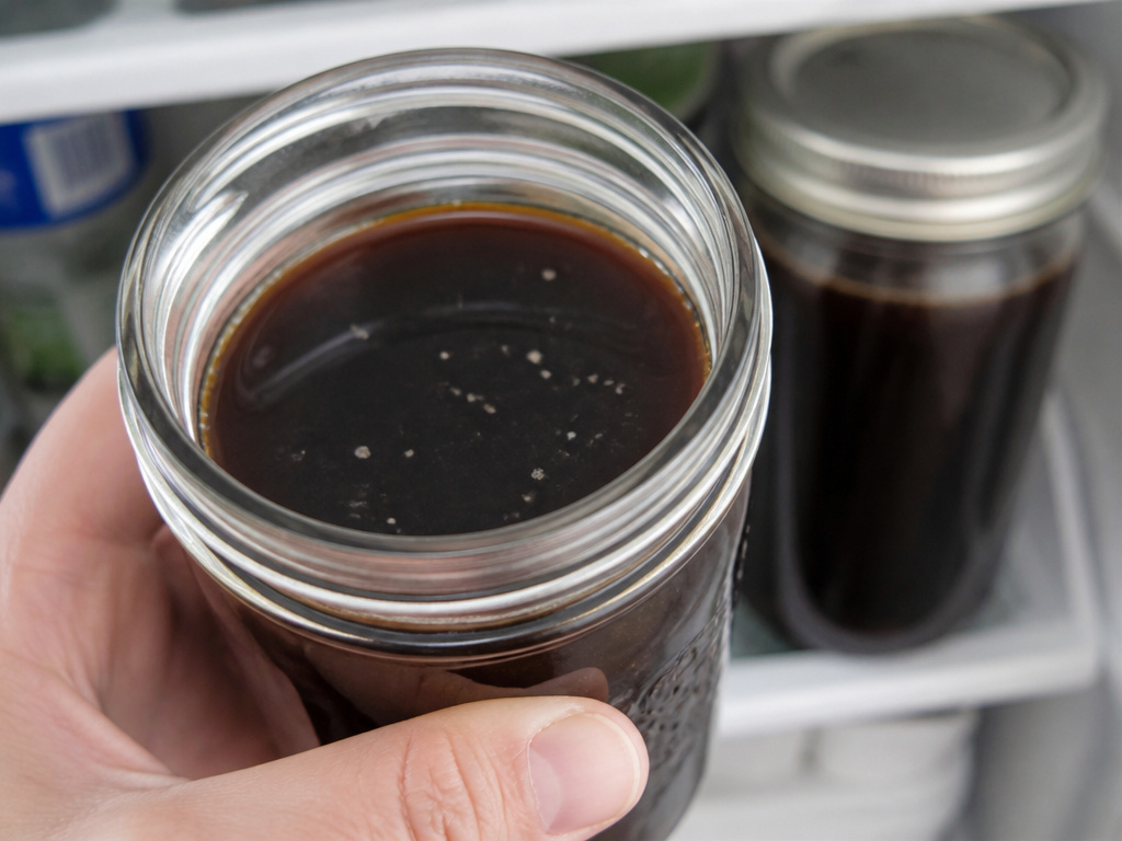 Close-up of refrigerated coffee with mold specks, indicating it has gone bad.