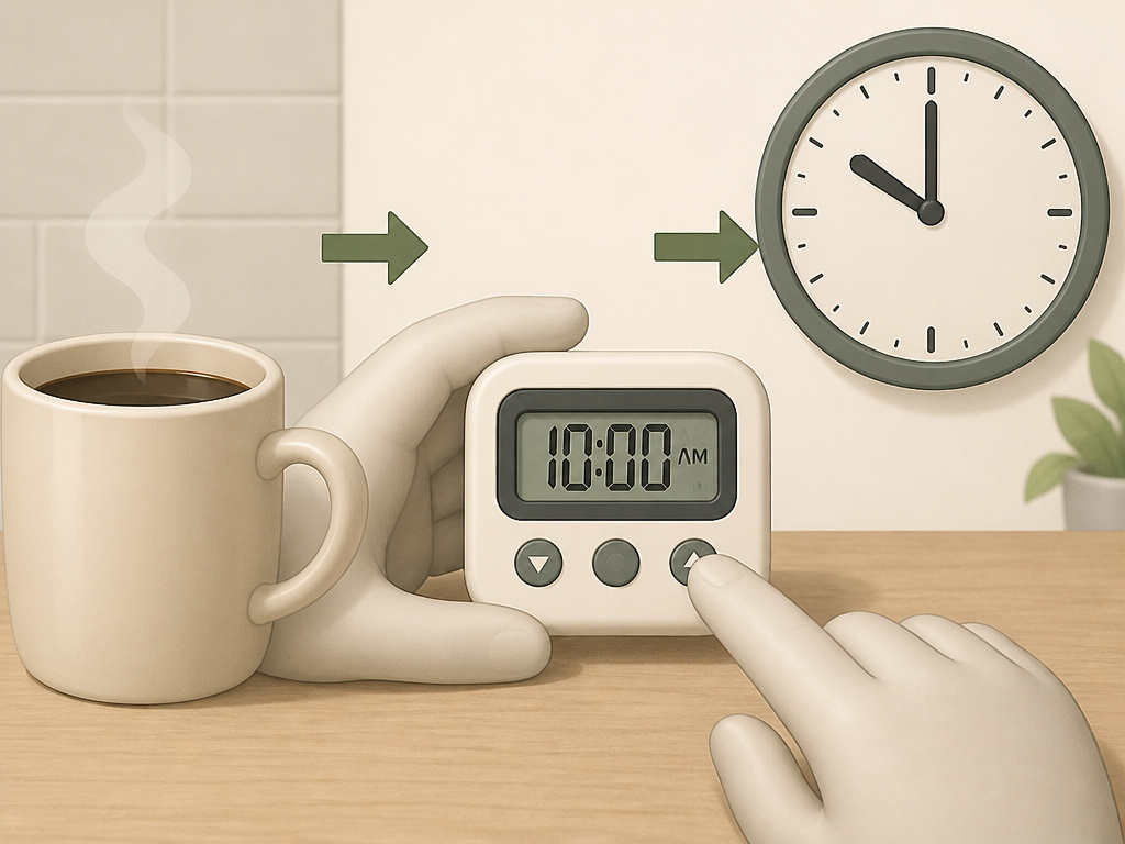 Cartoon diagram showing how to time your last coffee cup before bedtime.