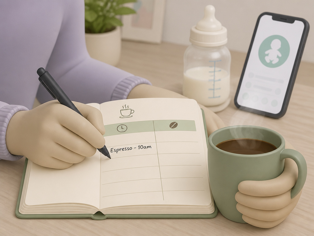 Mother logging coffee intake while breastfeeding, tracking caffeine in a notebook.