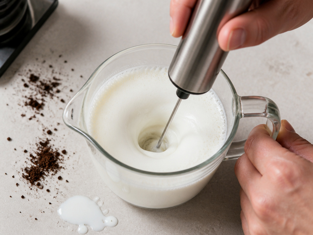 Close-up of a handheld milk frother creating vortex in a pitcher of cold milk.