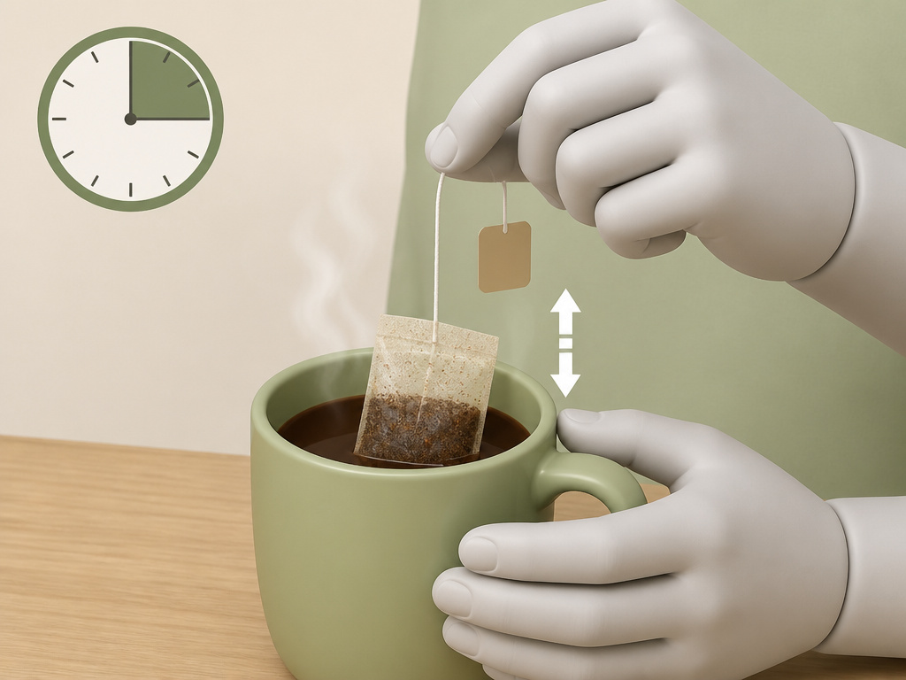 Close-up of hand agitating a coffee bag in a hot mug of water.
