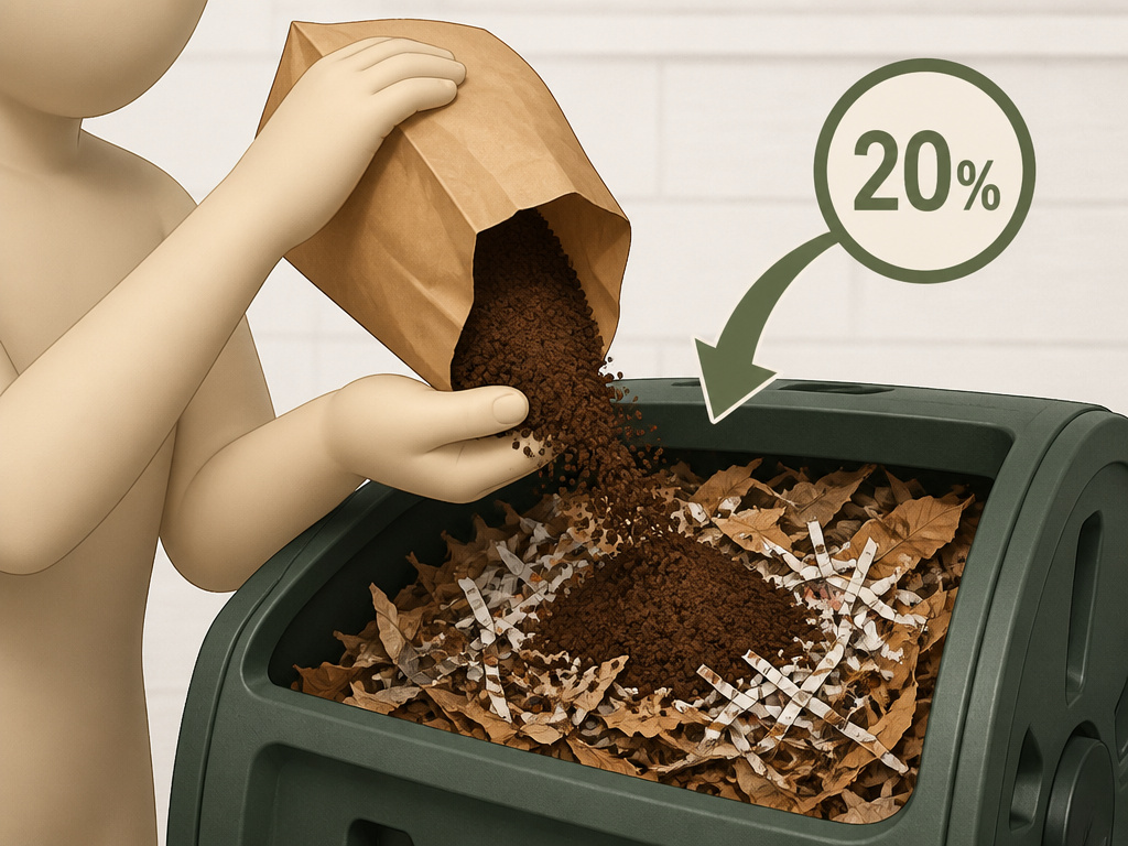Step-by-step diagram for adding dried coffee grounds to a compost bin.