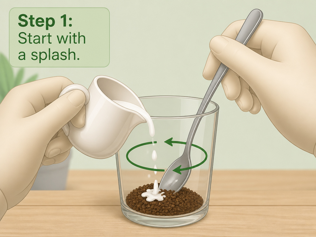 Cartoon instruction showing first step to mix cold brew instant coffee into a paste.