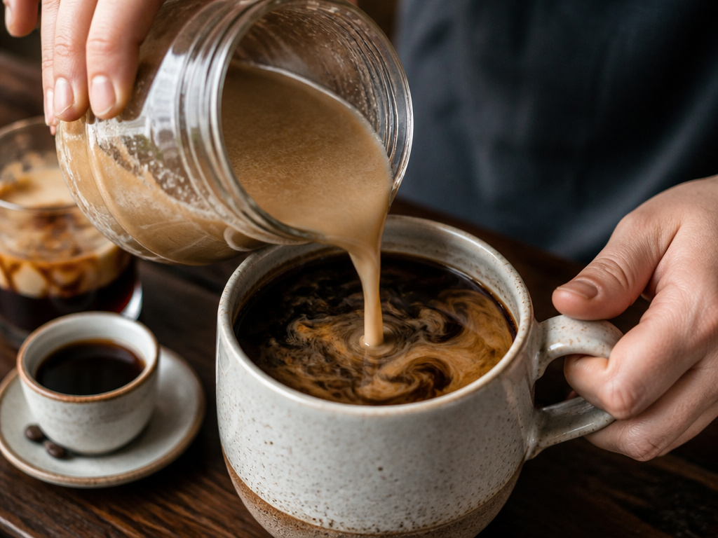 Barista pouring homemade coffee creamer into a fresh cup of coffee.