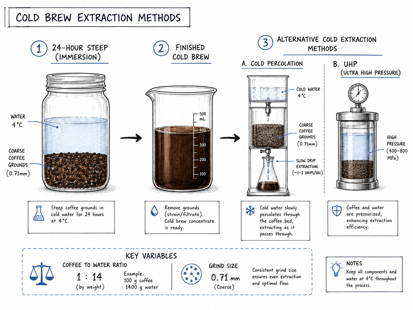 Diagram comparing cold brew immersion, percolation, and pressure methods and their variables.