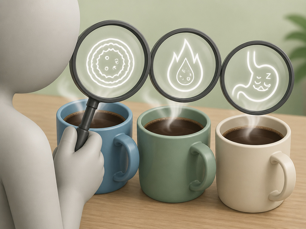Three coffee mugs representing different fasting goals: autophagy, weight loss, and gut rest.