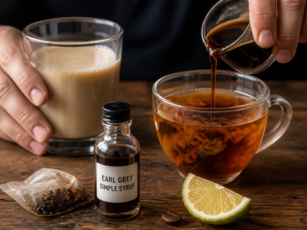 Earl Grey latte and dirty Earl Grey hybrid drinks with simple syrup on table