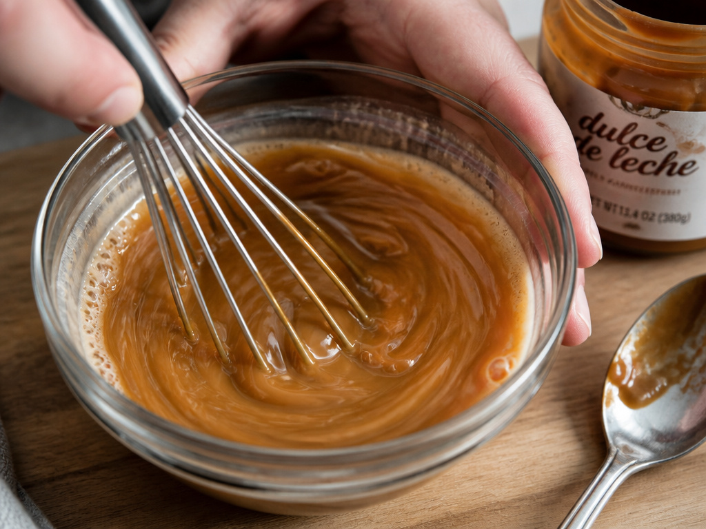 Making dulce de leche syrup by whisking with hot milk for iced coffee.