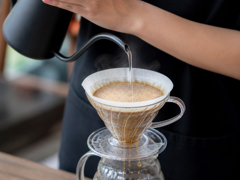 Close-up of pour-over brewing method for delicate blonde roast coffee.