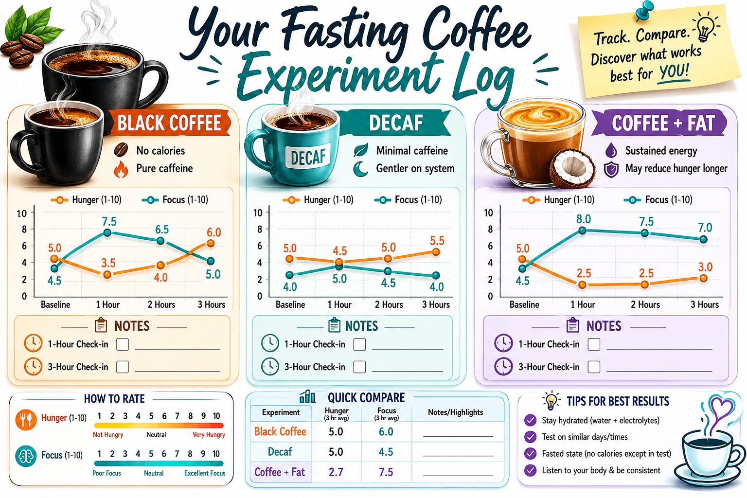 Personalized coffee and fasting experiment log with charts for black, decaf, and fat-added coffee.