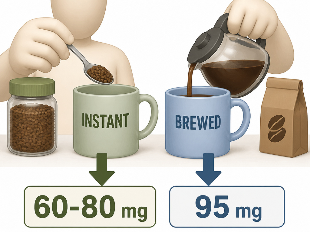 Caffeine comparison chart between instant coffee and brewed drip coffee.