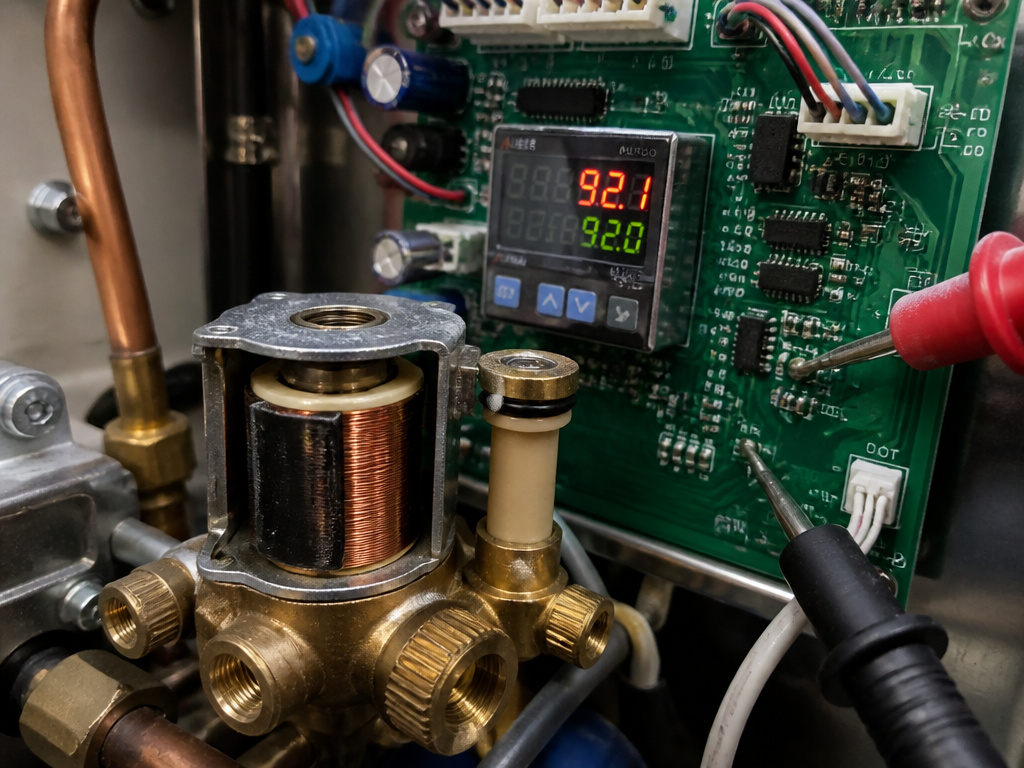 Internal view of espresso machine solenoid valve, control board, and PID controller.