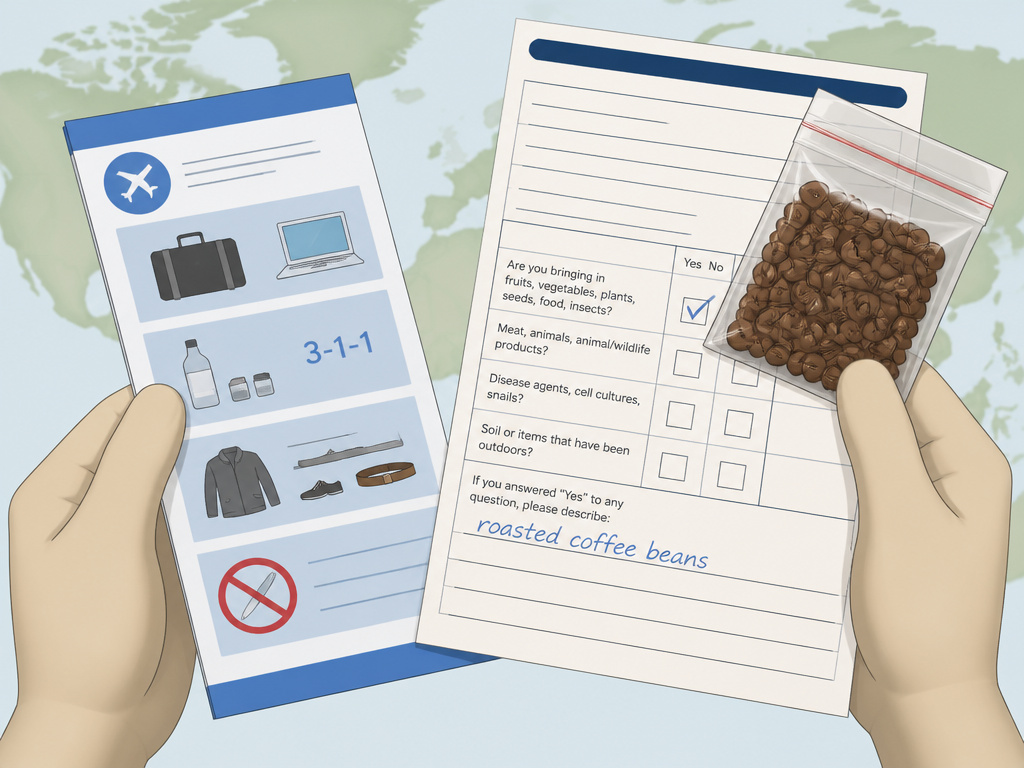 Declaring roasted coffee beans on a customs form for international air travel.