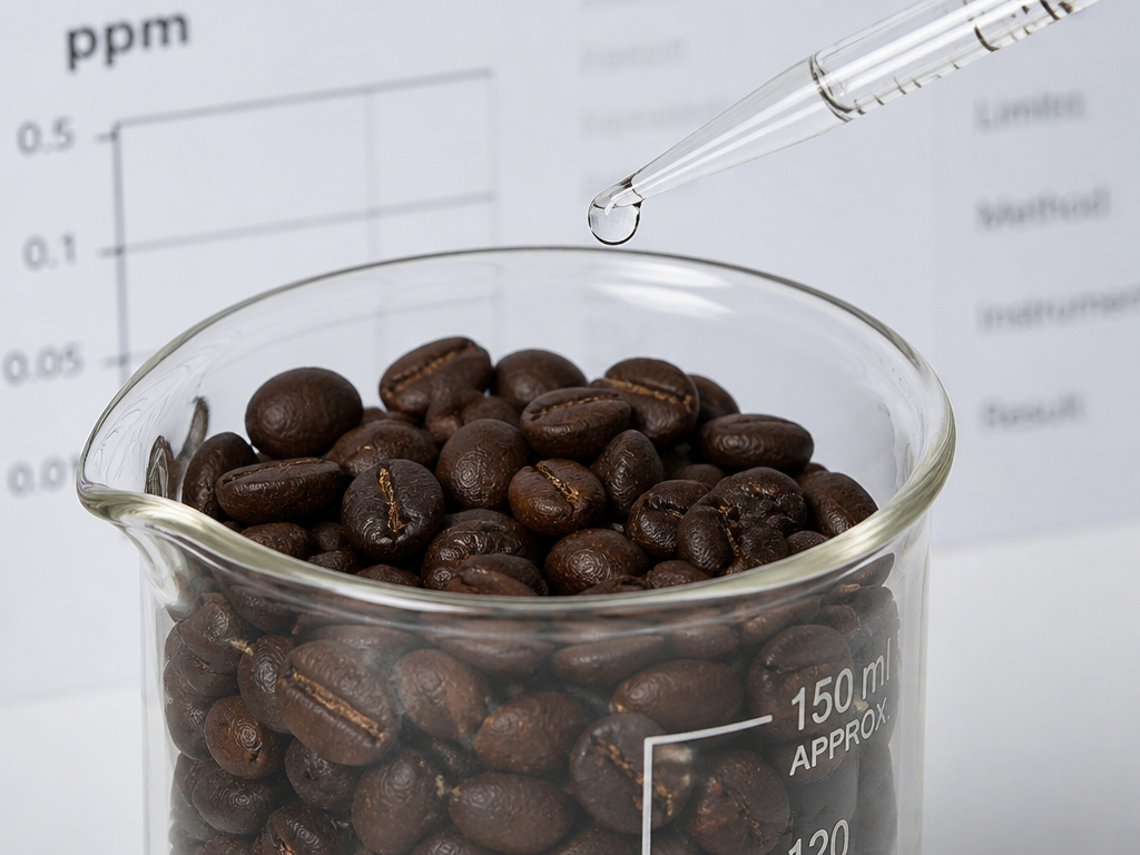 Close-up of decaf coffee beans with a droplet representing safe trace chemical levels.