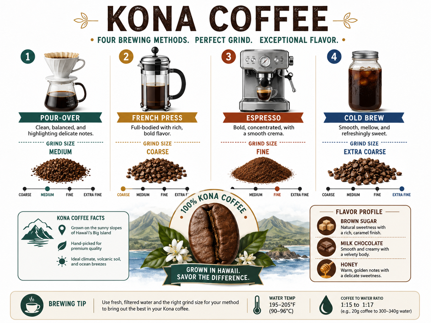 Kona coffee flavor profile and recommended grind sizes for different brewing methods.