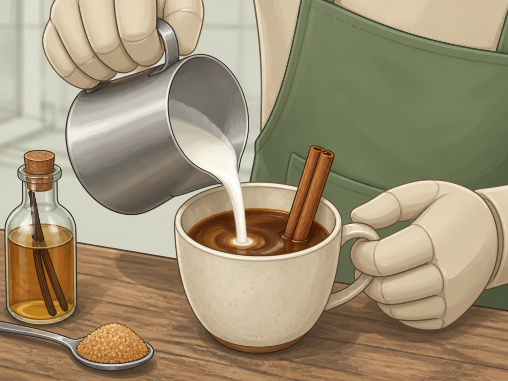 Adding cinnamon and vanilla syrup to a homemade latte before pouring milk.