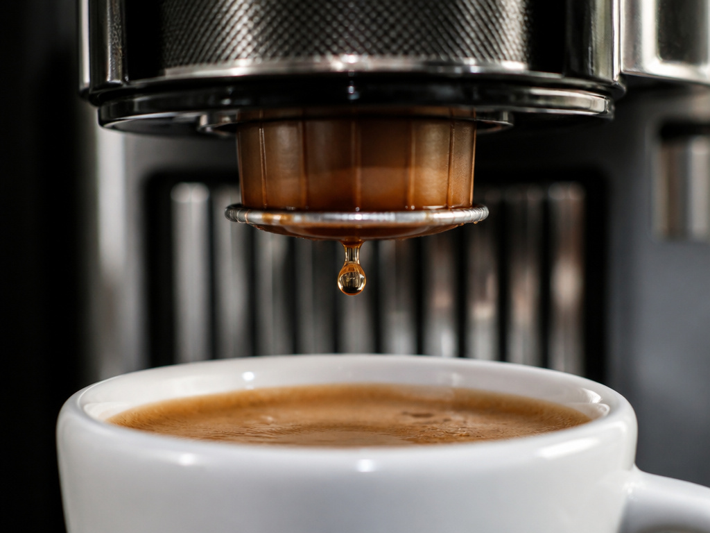 Close-up of final coffee drip from a Nespresso machine after brewing cycle.