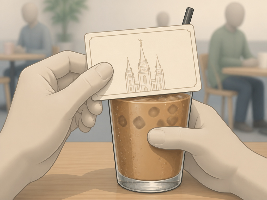 A temple recommend card visually covers a glass of iced coffee on a cafe table.