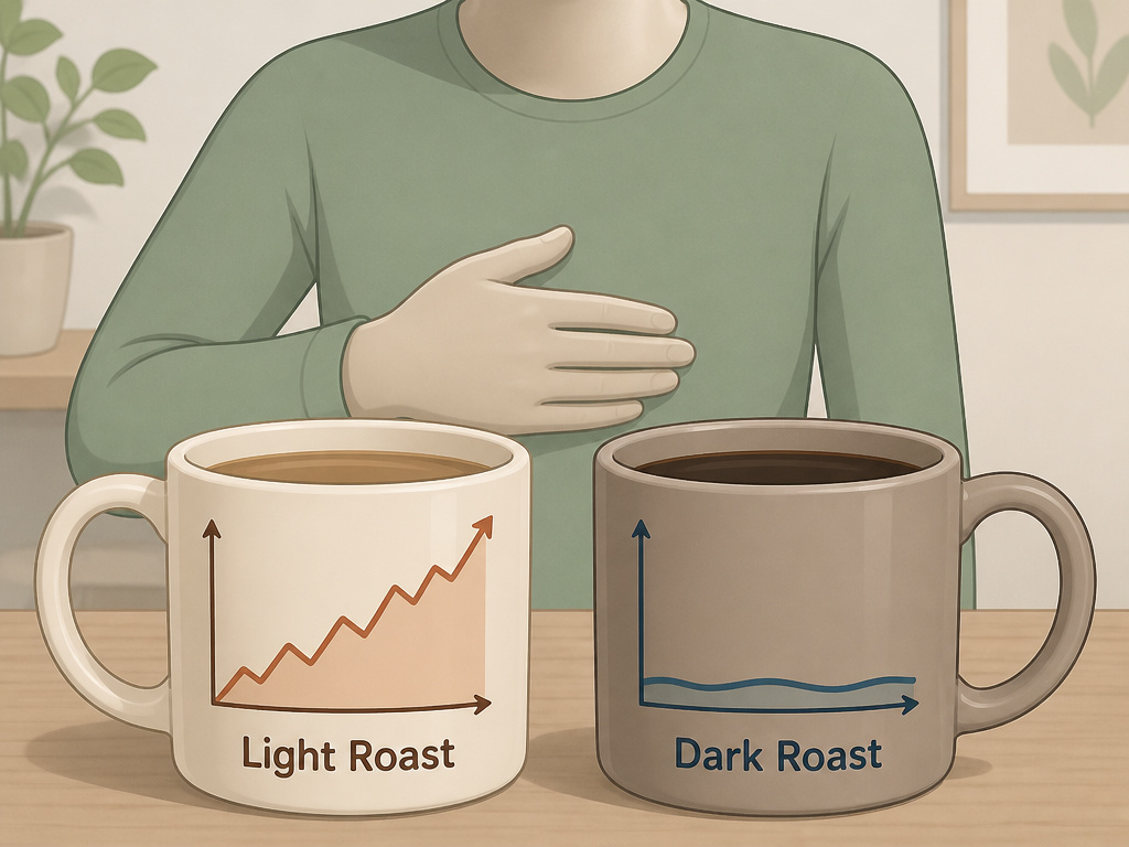 Cartoon comparing high and low acid coffee mugs and their effect on bloating.
