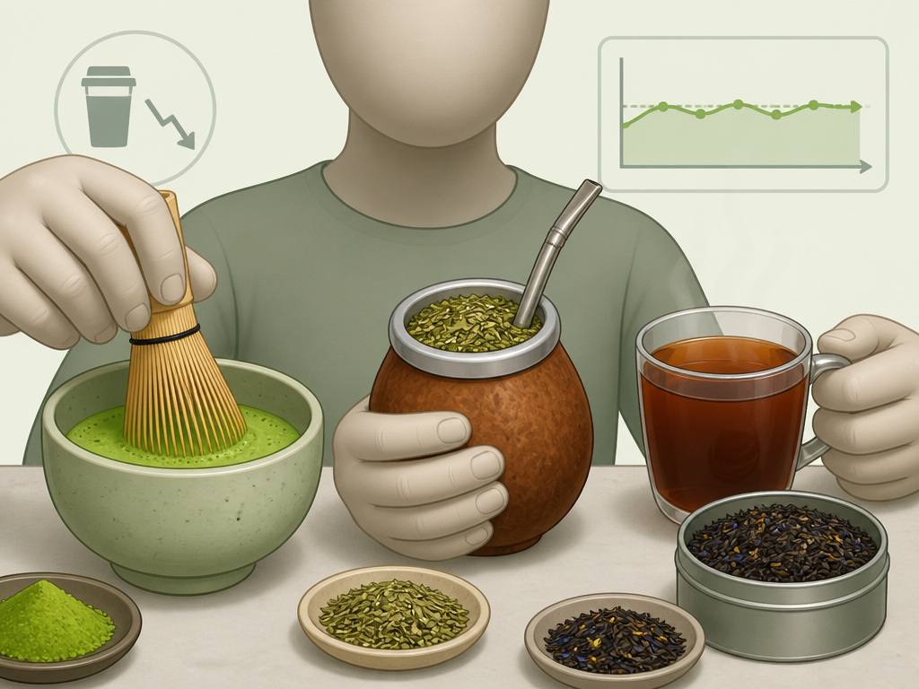 cartoon illustration of matcha, yerba mate, and black tea as low-caffeine coffee alternatives