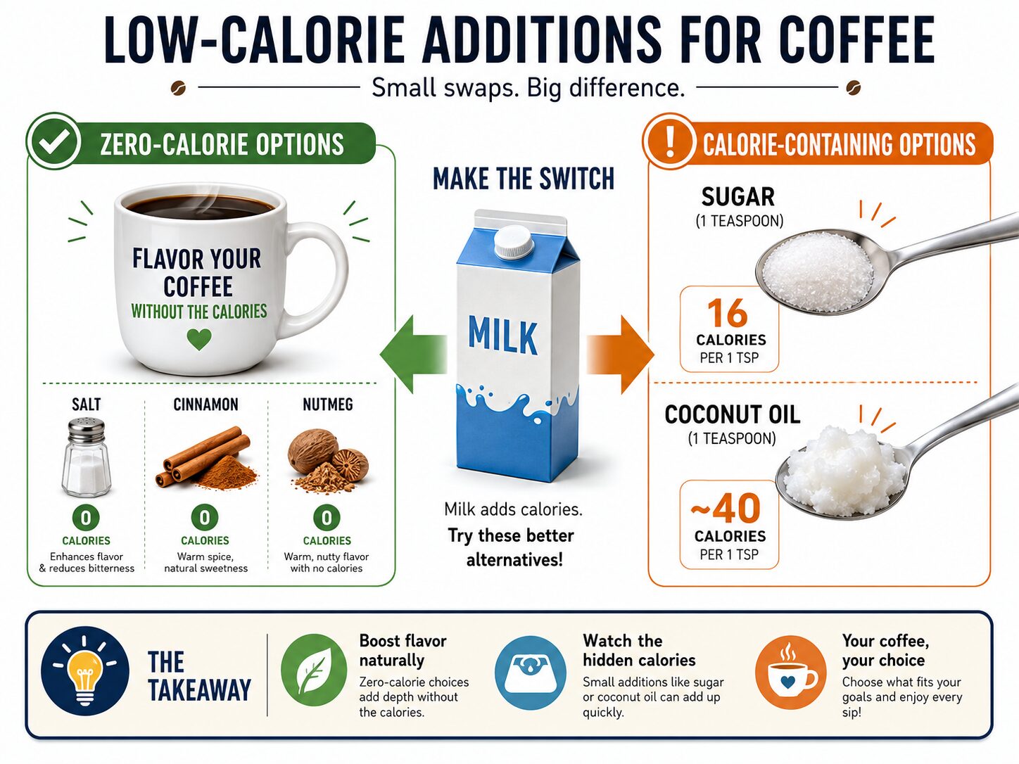 Infographic comparing calorie counts of salt, spices, sugar, and oil in coffee