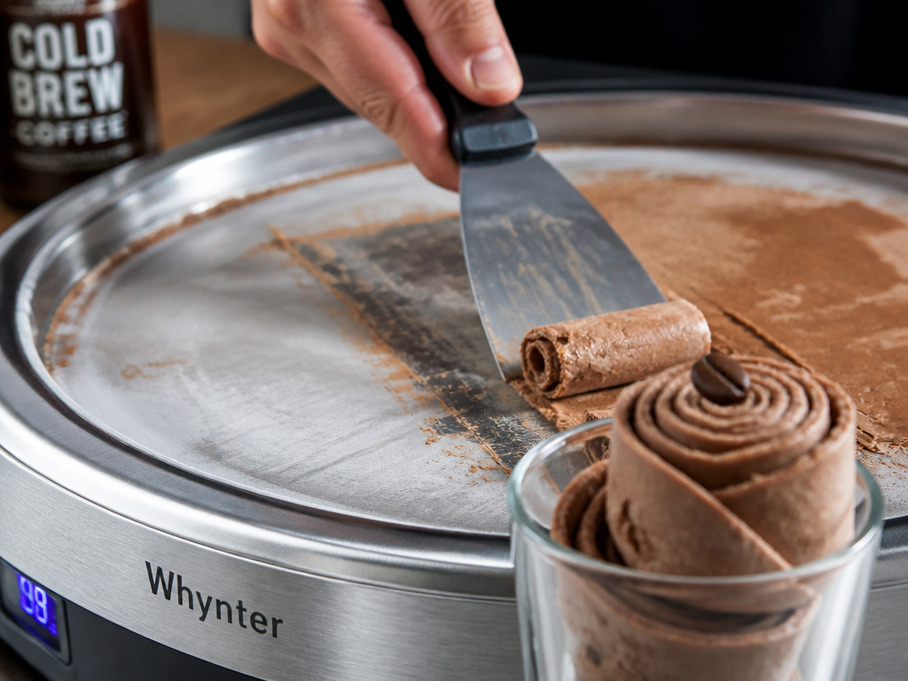 Making rolled coffee ice cream on a portable instant ice cream machine.