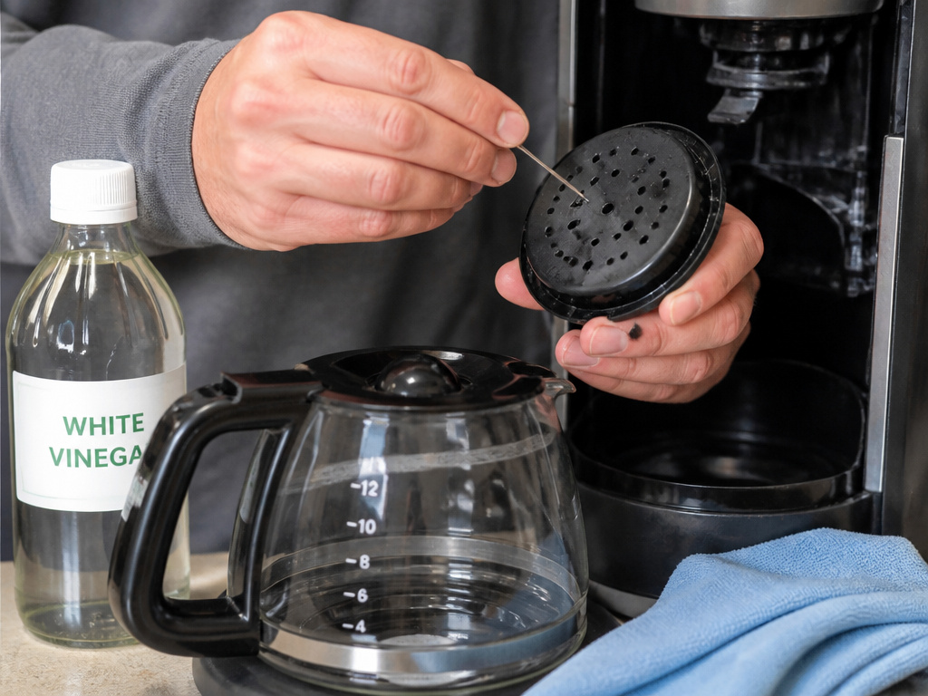 Close-up of cleaning a coffee maker's shower head with a pin for maintenance.