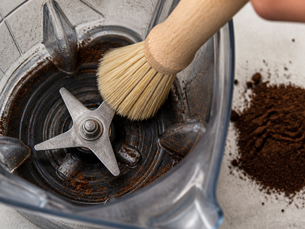 Cleaning coffee grounds from a Vitamix blender container with a dry brush