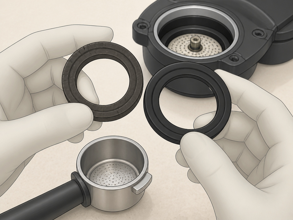 Comparing worn and new rubber gasket for Mr Coffee espresso machine maintenance