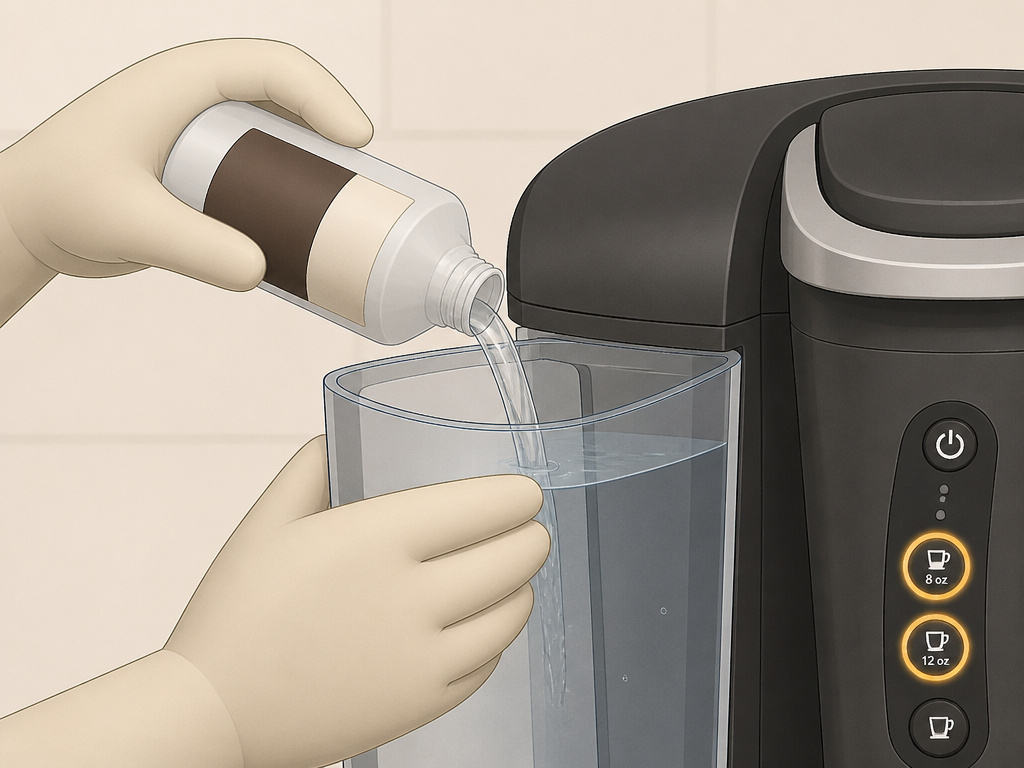 Cartoon illustration of descaling a Keurig coffee maker with official solution.
