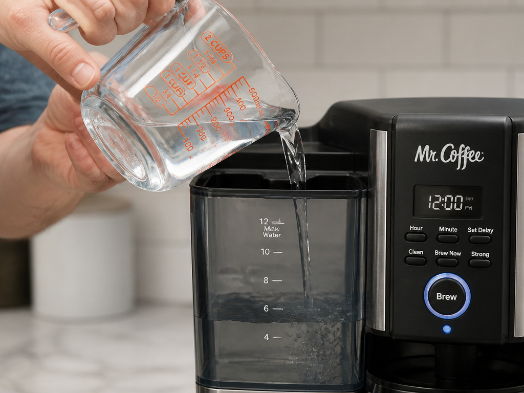 Pouring white vinegar descaling solution into a Mr. Coffee machine reservoir.