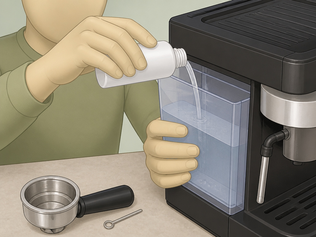 Pouring descaling solution into a Mr. Coffee espresso machine reservoir for maintenance.