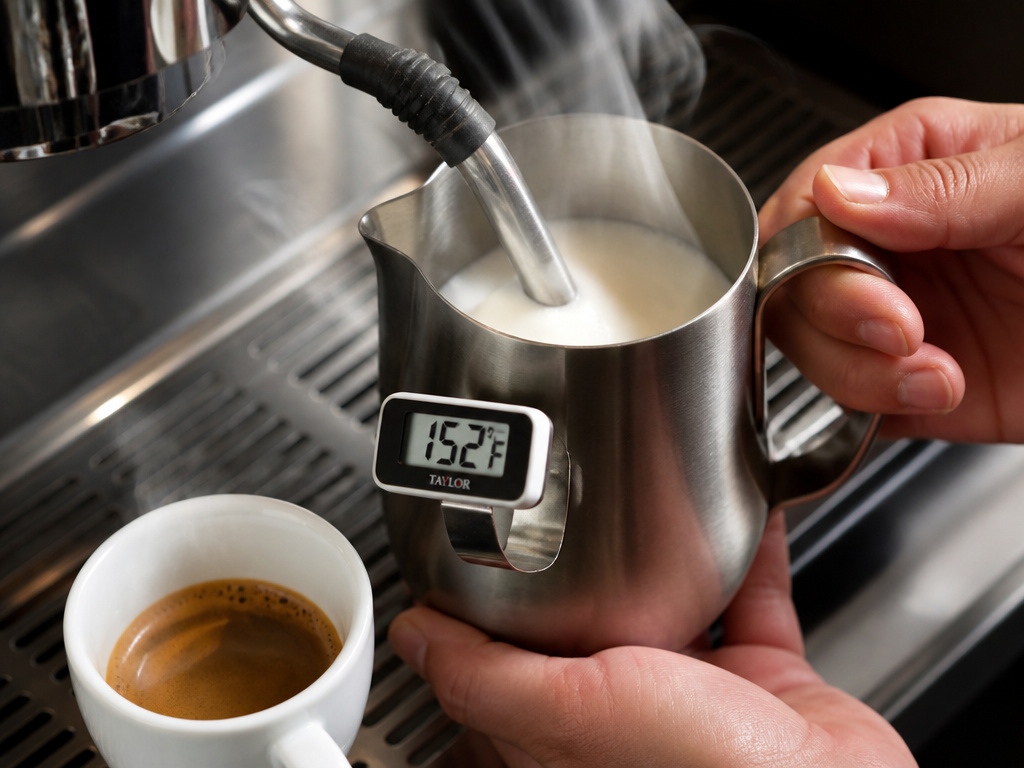 Steaming half-and-half to correct temperature for making a breve coffee drink