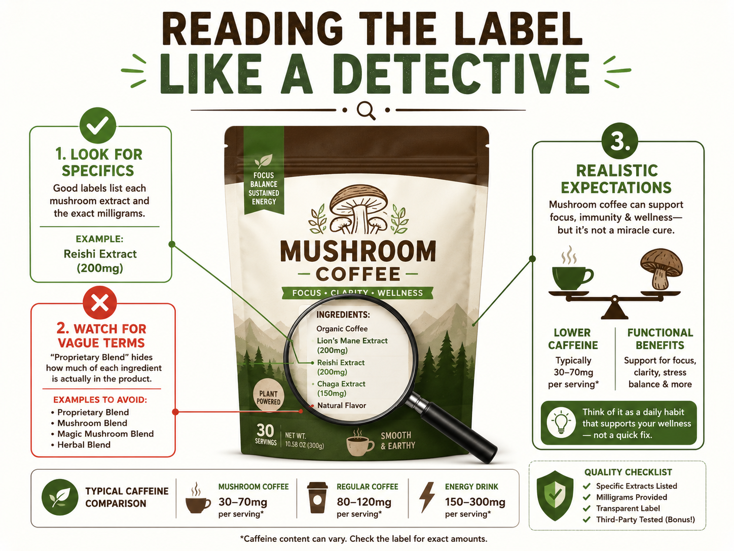 Infographic on how to read mushroom coffee labels for liver health benefits
