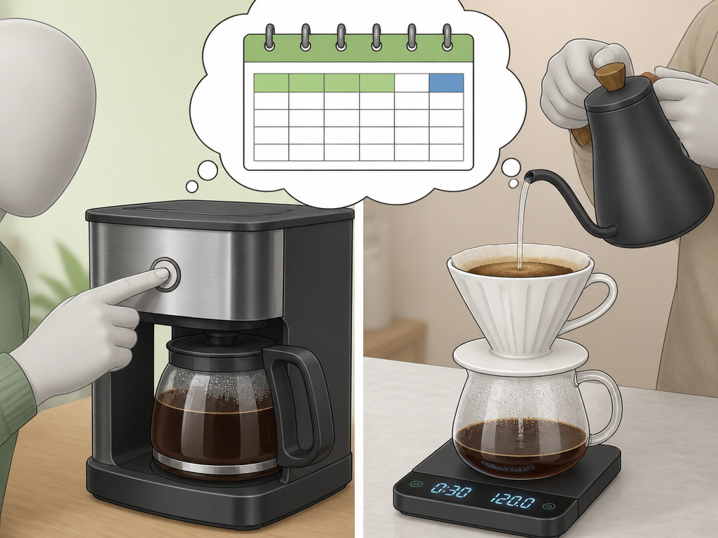 Split-screen cartoon comparing automated drip coffee and manual pour over ritual.