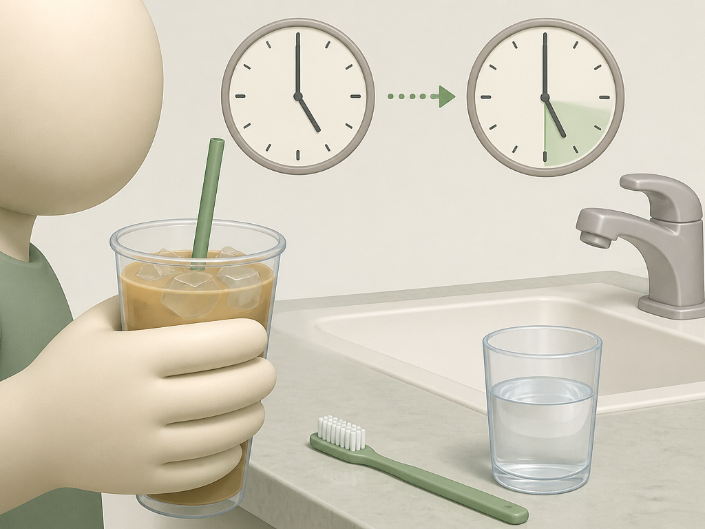 Post-tooth extraction care: rinsing with water after iced coffee, waiting before brushing.