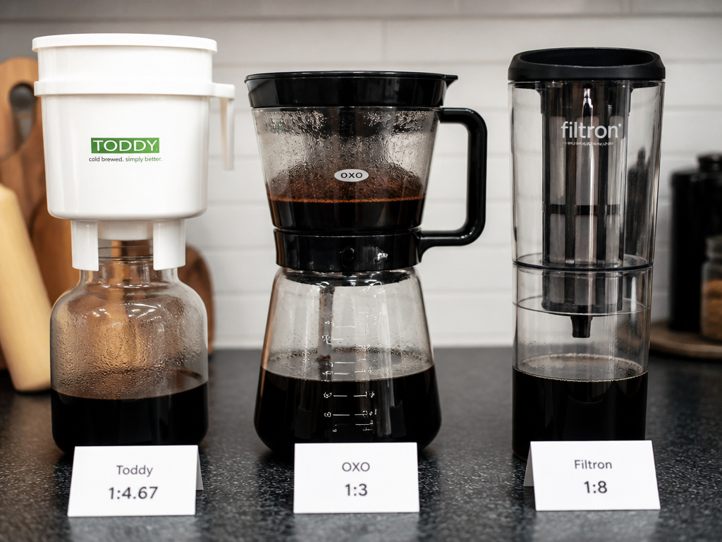 Three cold brew makers with different manufacturer water to coffee ratios.